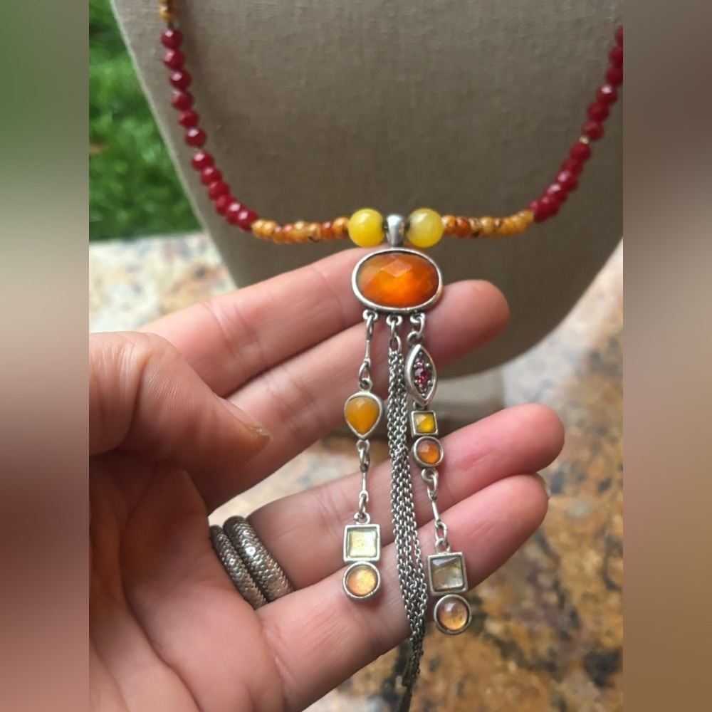 ARTISAN Hand Crafted Necklace w/ Vintage Silver Plated Pendant & Amber Beads
